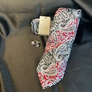 NWT- Paisley Silk Red and Black Tie Set